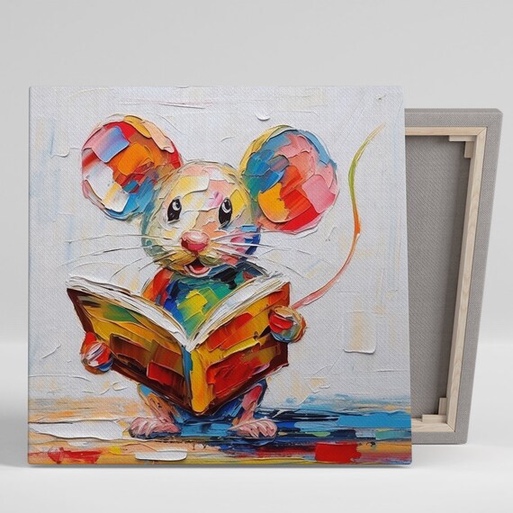 Colorful Reading Mouse Poster Rainbow Book Lover Impasto Kids Room Wall Art