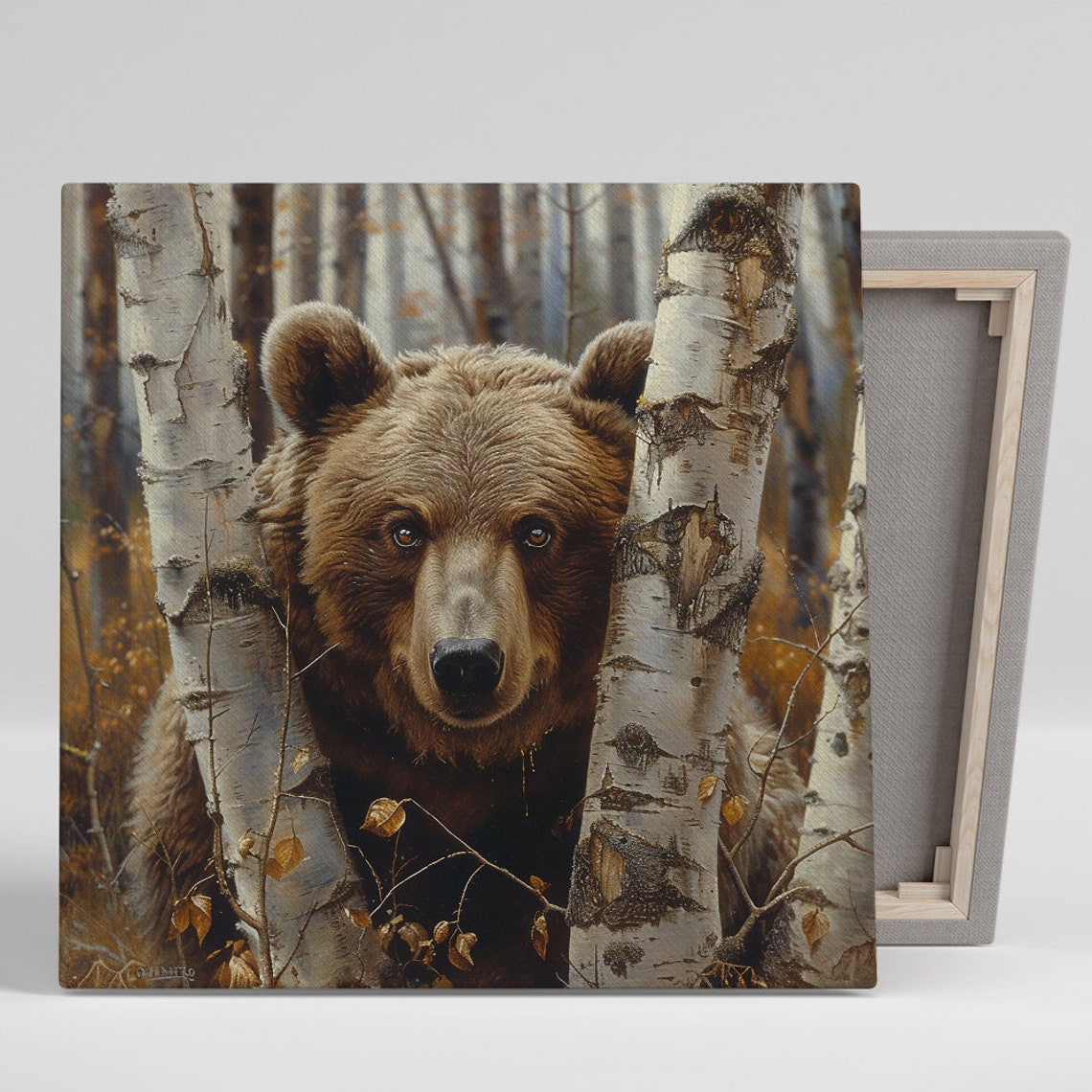 Brown Bear Among Birch Trees Golden Autumn Forest Rustic Wall Poster