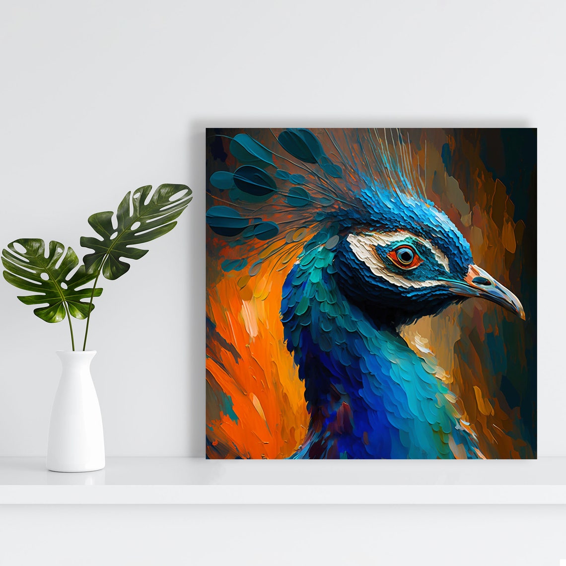 Peacock Head Impasto Orange Blue Bold Expressive Bird Portrait Poster - Image 3
