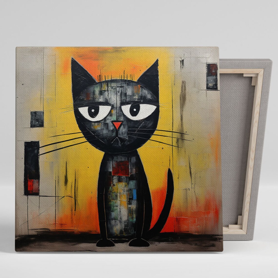 Grumpy Black Cat Long Whiskers Urban Folk Art Painting Pet Lover Poster