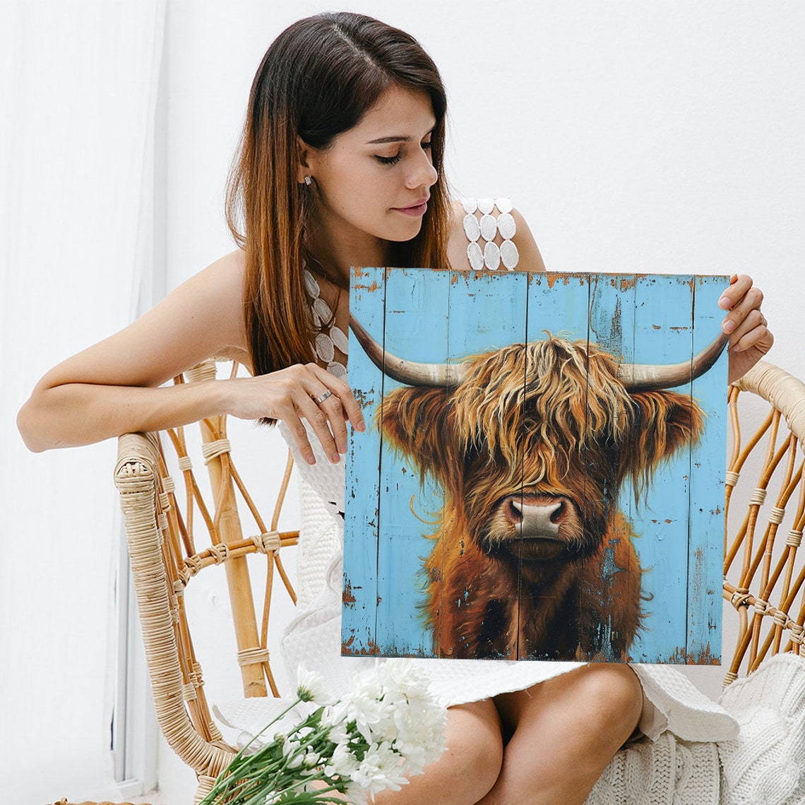 Highland Cow Portrait on Distressed Blue Barn Wood Planks Poster - Image 3