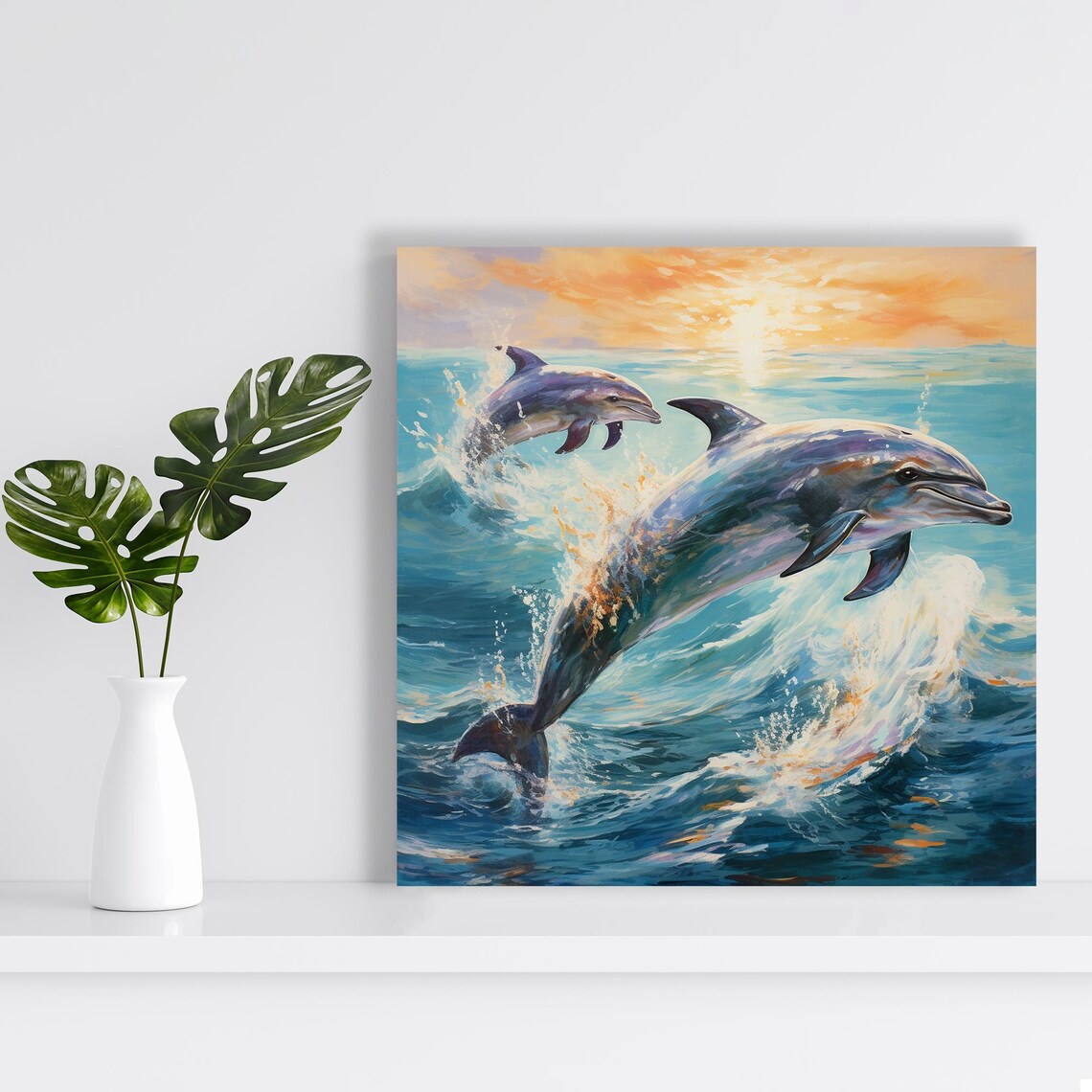 Two Dolphins Leaping Ocean Sunset Waves Coastal Nature Art Poster - Image 2