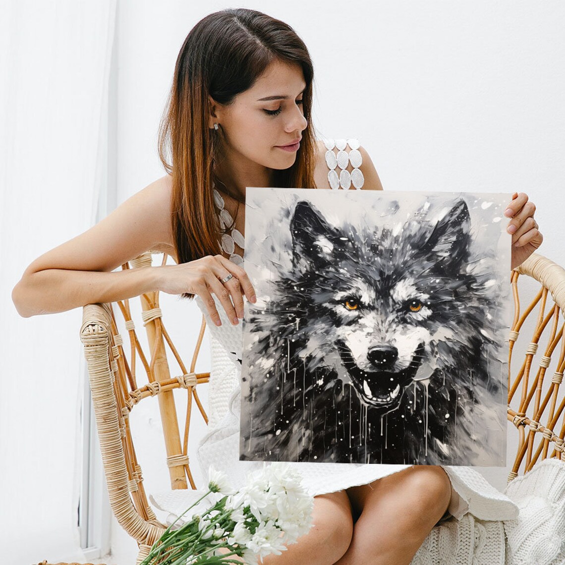 Black Wolf Portrait With Piercing Amber Eyes Expressive Paint Art Poster - Image 3