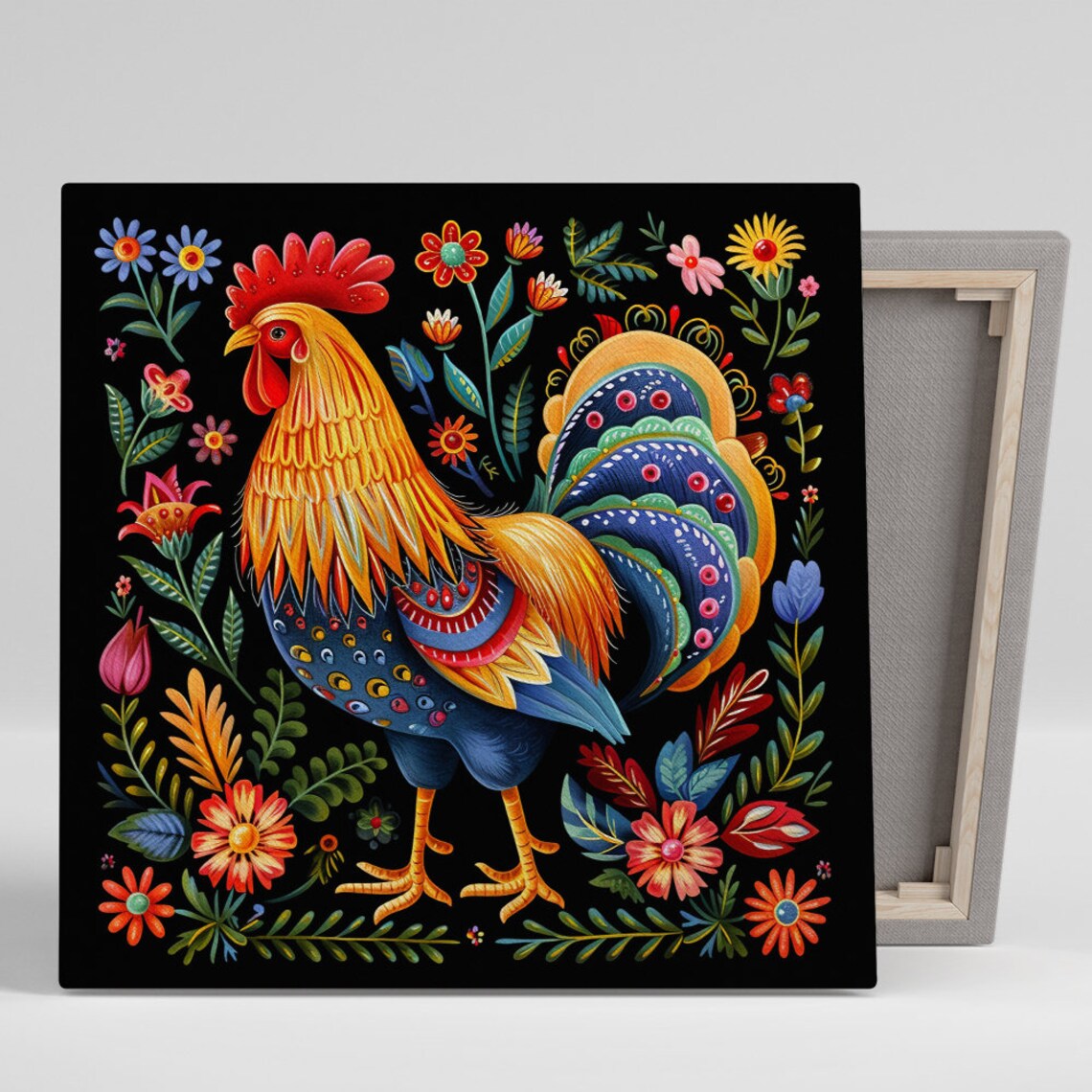 Rooster Bloom Folk Art Print, Rustic Farmhouse Decor