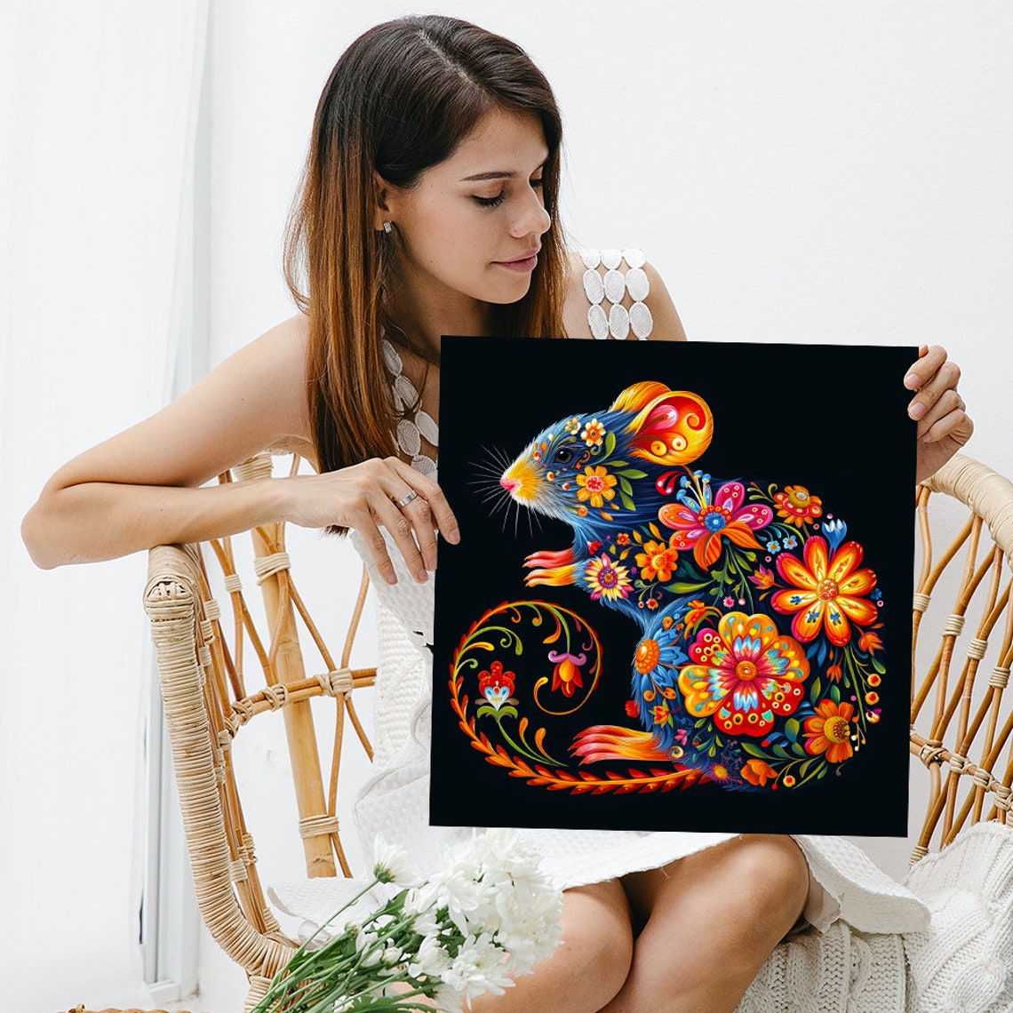 Floral Mouse Magic Vibrant Folk Art Flowers on Black Wall Poster - Image 3