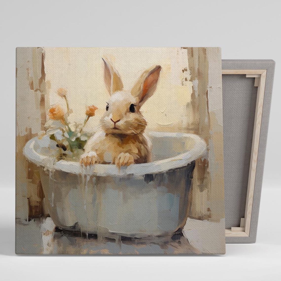 Bunny In Bathtub Soft Beige Floral Whimsical Nursery Animal Art Poster
