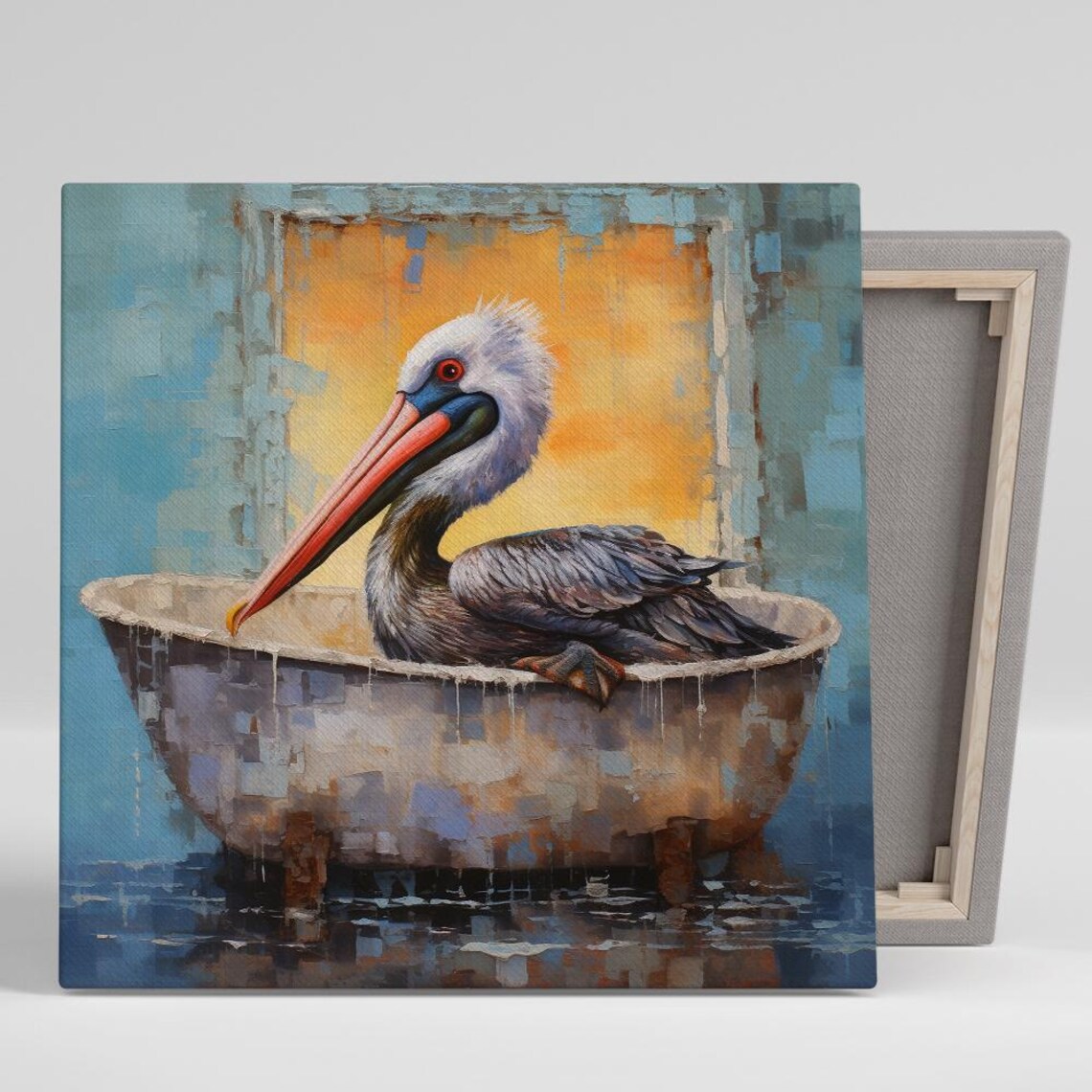 Pelican In Vintage Bathtub Abstract Blue Gold Bathroom Art Poster