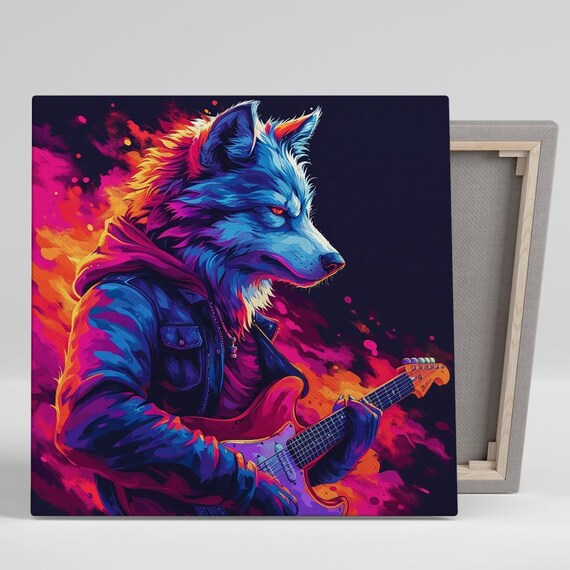 Neon Rockstar Wolf Playing Electric Guitar Pop Music Animal Poster