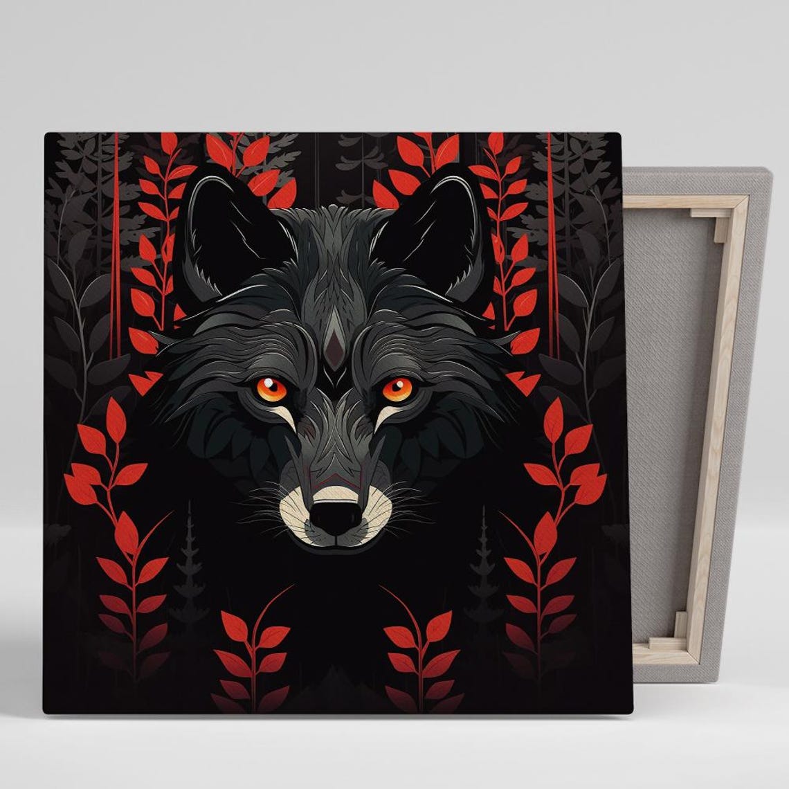 Black Wolf Red Eyes Dark Forest Botanical Gothic Nature Art Poster