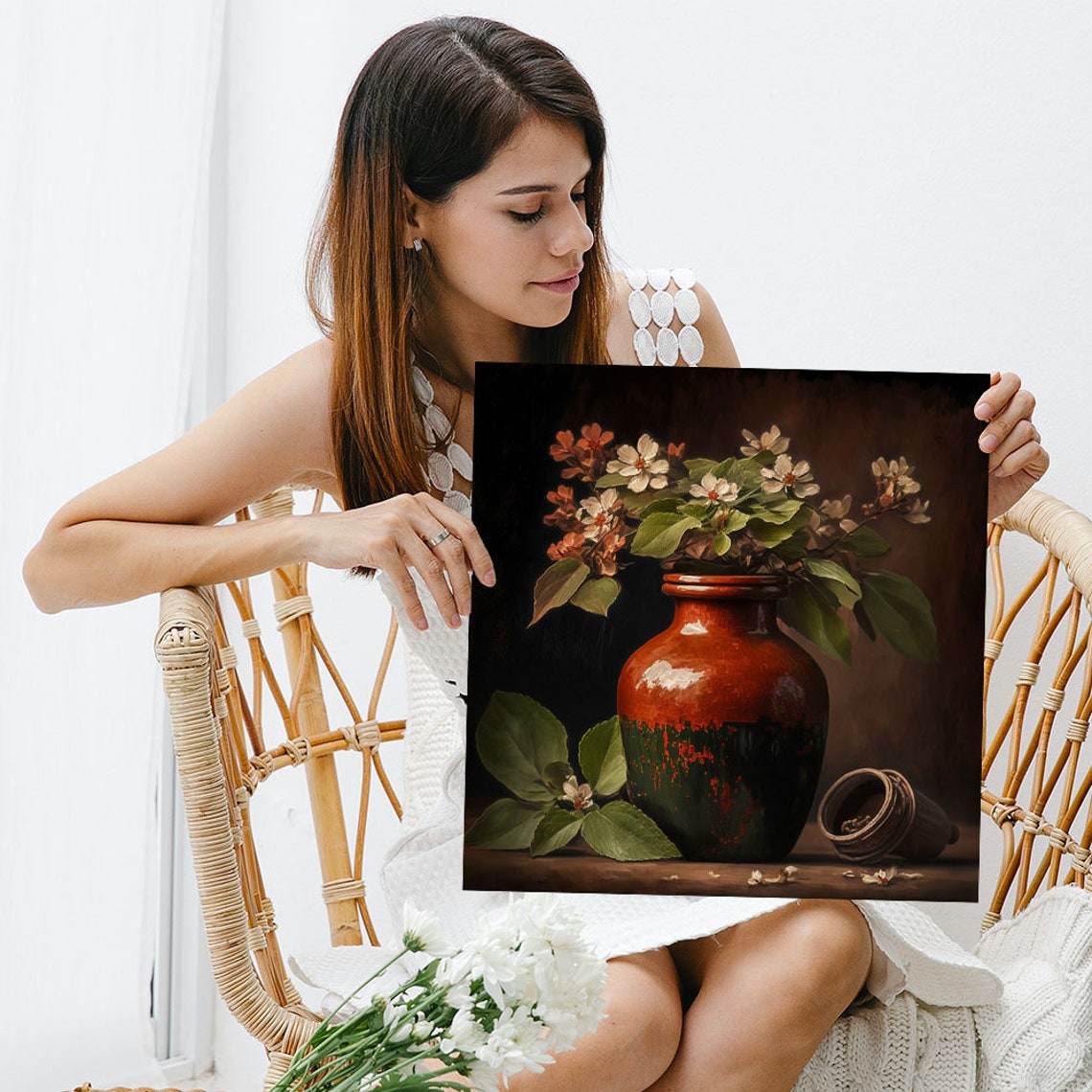 White Blossom Branches Red Glazed Bottle Vase Spring Still Life Poster - Image 3