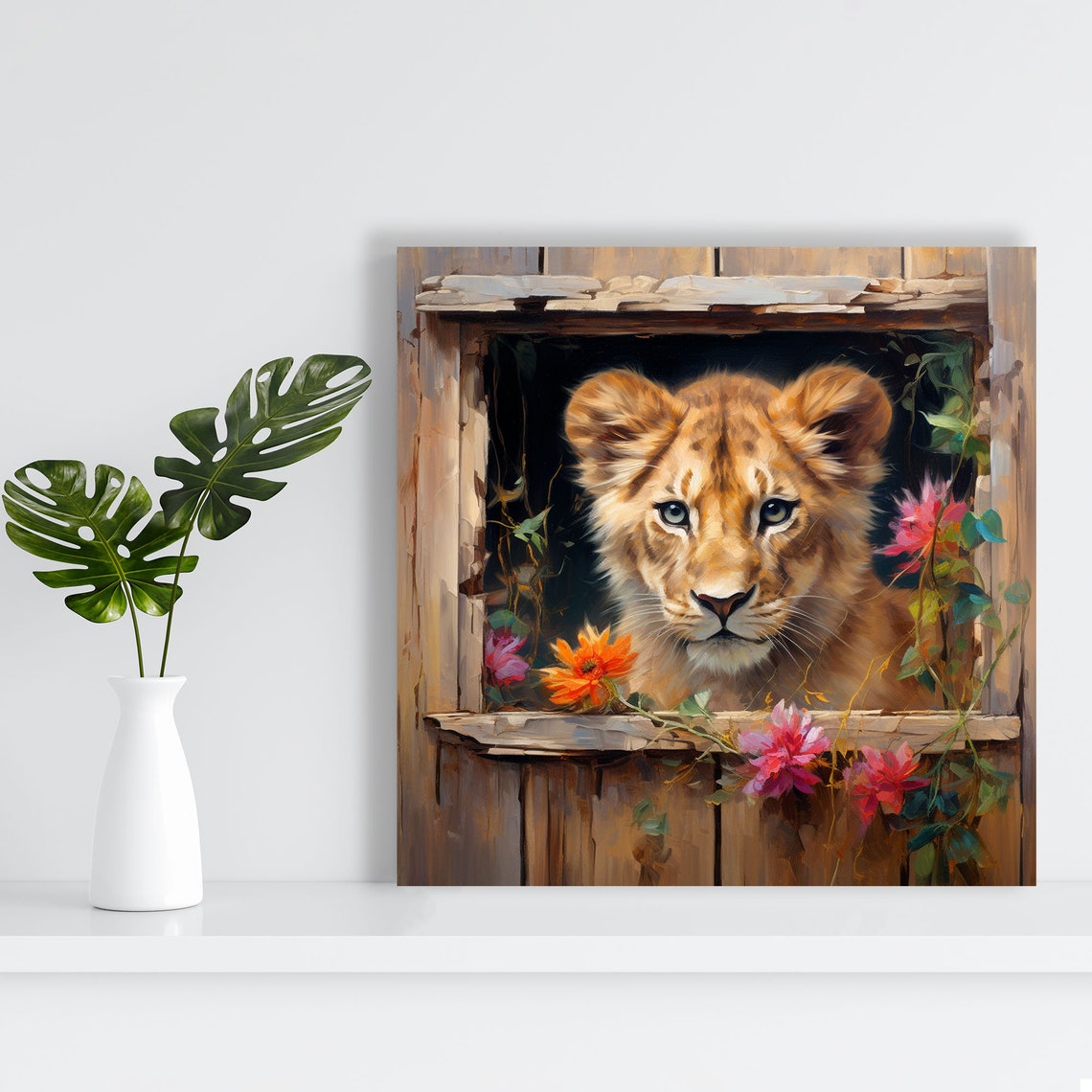 Baby Lion Cub Peeking From Window Cute Floral Nursery Canvas Poster - Image 4