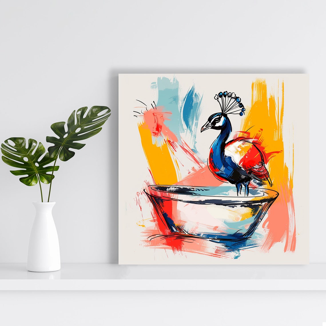 Peacock Bath Abstract Watercolor Blue Red Yellow Splash Art Poster - Image 2