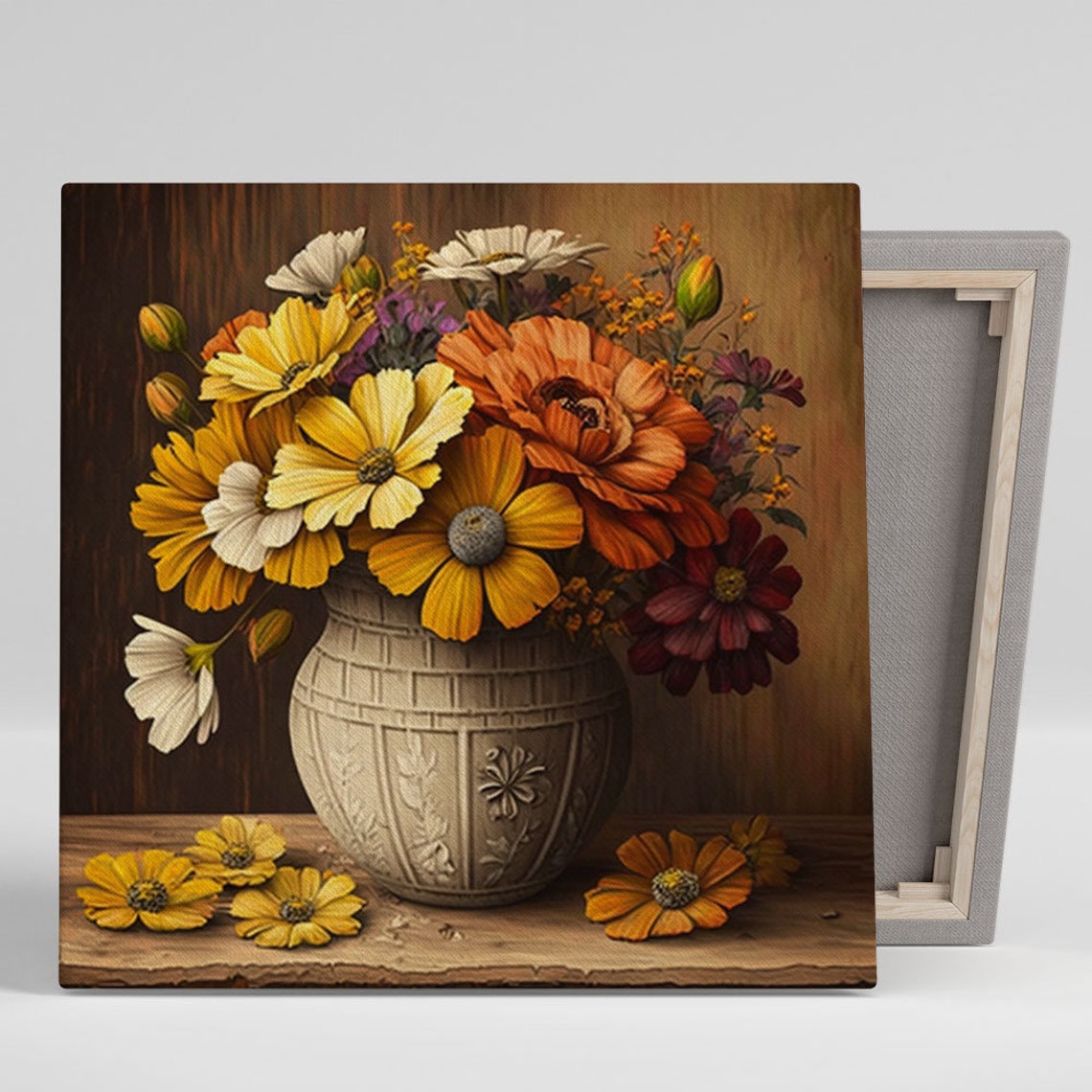 Golden Daisy Bouquet White Ceramic Vase Rustic Warm Floral Poster