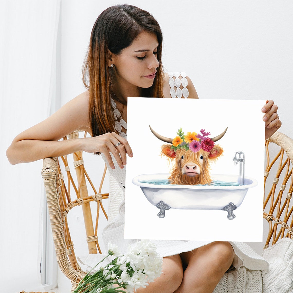 Highland Cow Flower Crown Bathing Bathtub Watercolor Bathroom Poster - Image 3