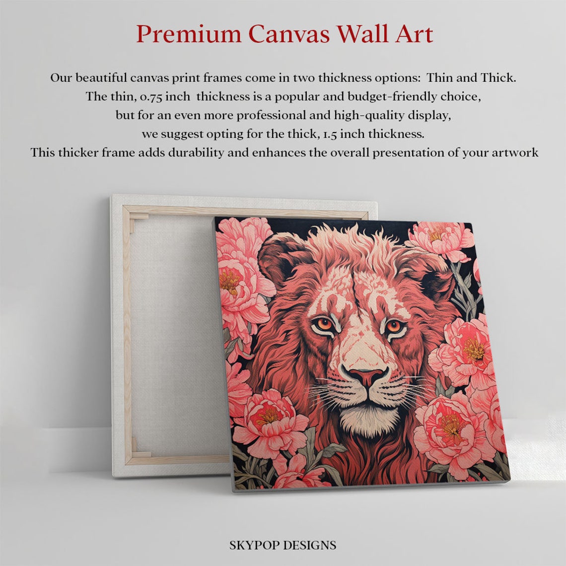 Coral Red Lion Face With Pink Peonies Floral Wildlife Art Poster - Image 2