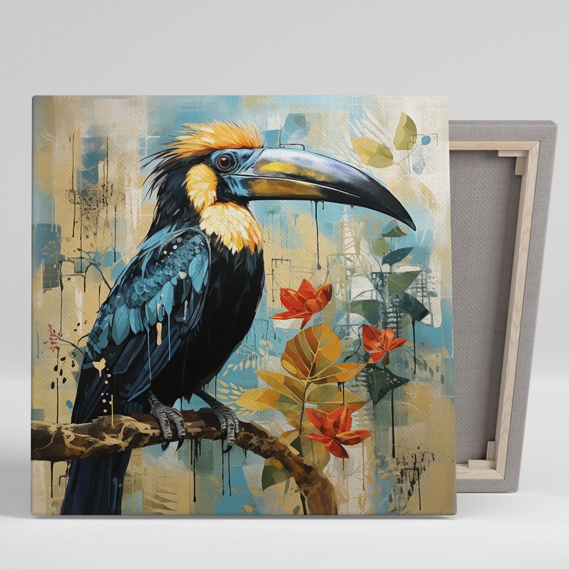 Colorful Hornbill Perched On Branch Red Flowers Tropical Bird Poster