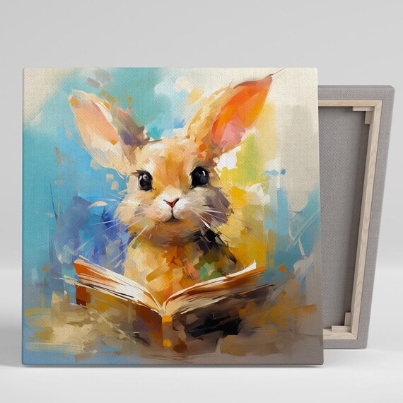 Bunny Reading Book Colorful Watercolor Whimsical Animal Nursery Art Poster