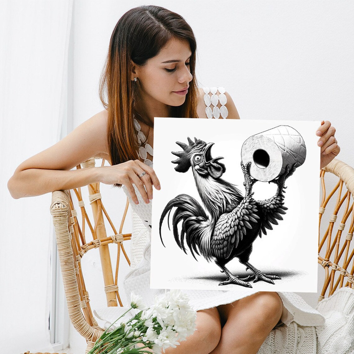 Rooster With Toilet Paper Bathroom Art Print, Modern - Image 3