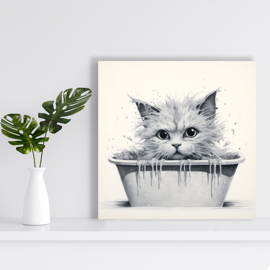 Fluffy Kitten Bath Time in Black and White Sketch Style Poster - Image 2