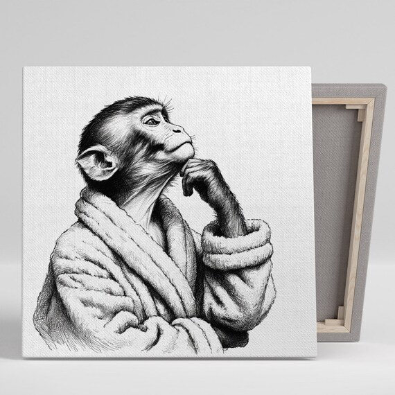 Thoughtful Monkey In Bathrobe Resting Chin On Hand Black And White Art Poster