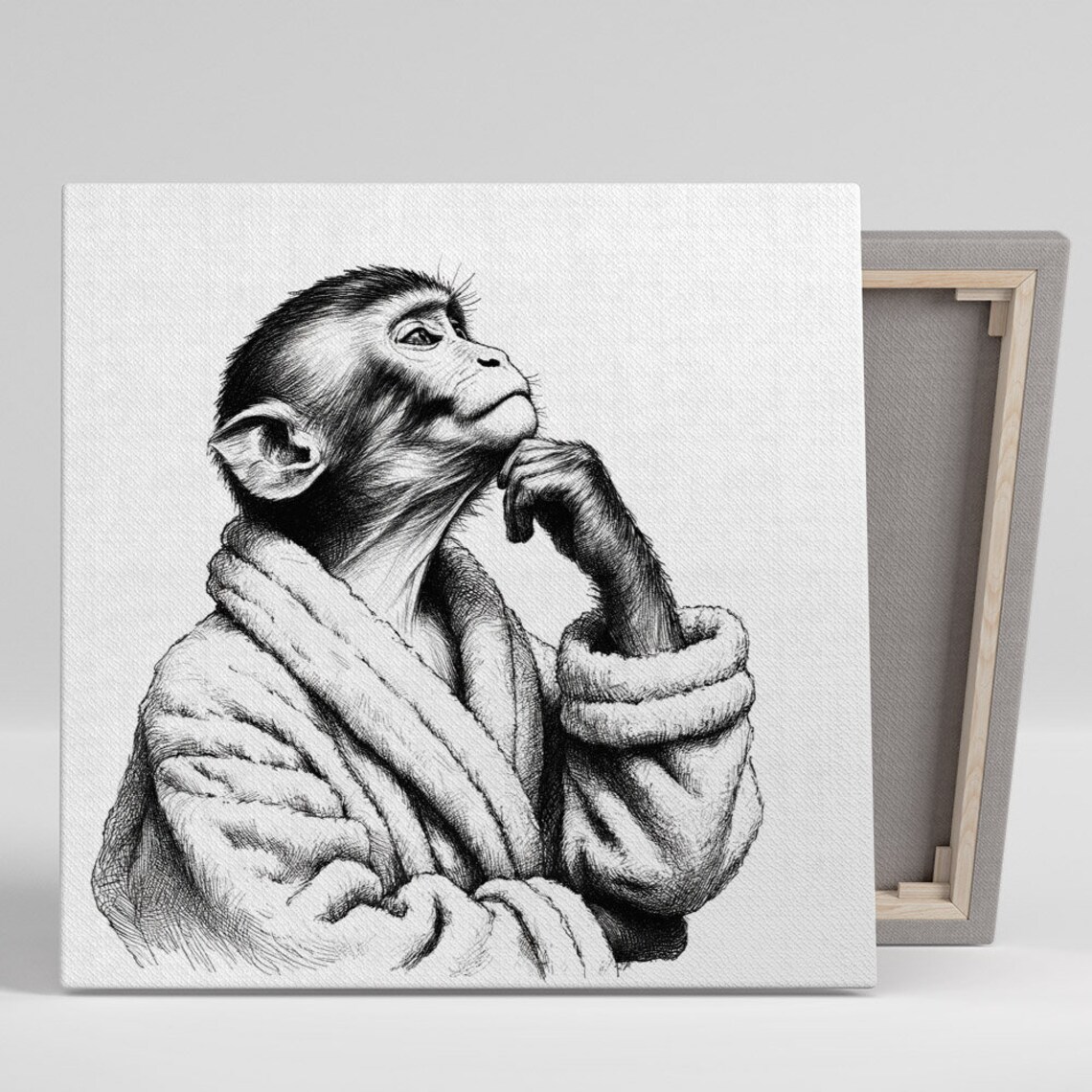 Thoughtful Monkey In Bathrobe Resting Chin On Hand Black And White Art Poster