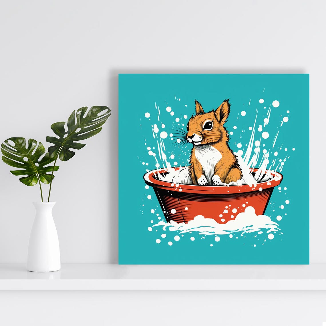 Squirrel Splashing In Red Bathtub Fun Cartoon Bath Time Art Poster - Image 2