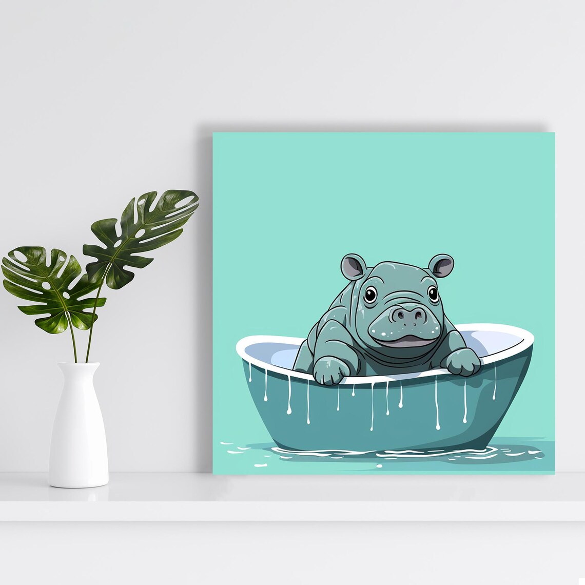 Baby Hippo Bathtub Soak Cute Teal Cartoon Nursery Animal Poster - Image 2