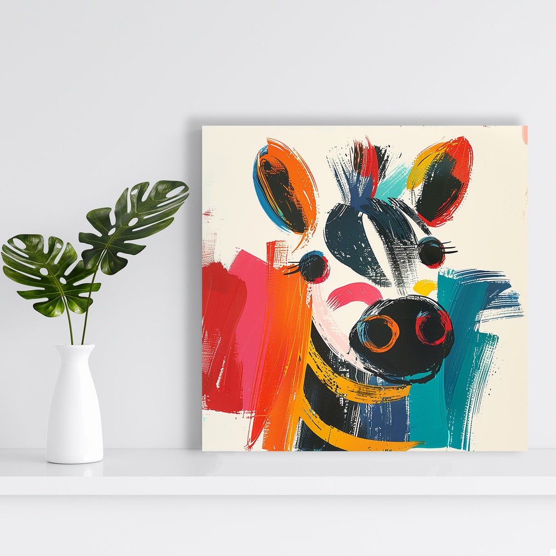 Playful Cow Face Bold Brushstroke Color Splash Whimsical Poster - Image 2