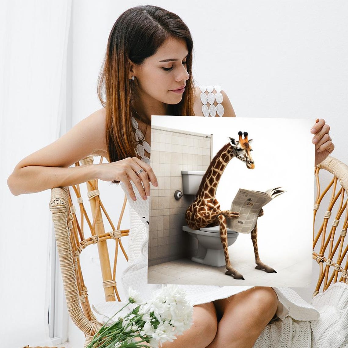 Giraffe on Toilet Reading Newspaper Funny Bathroom Animal Art Poster - Image 3