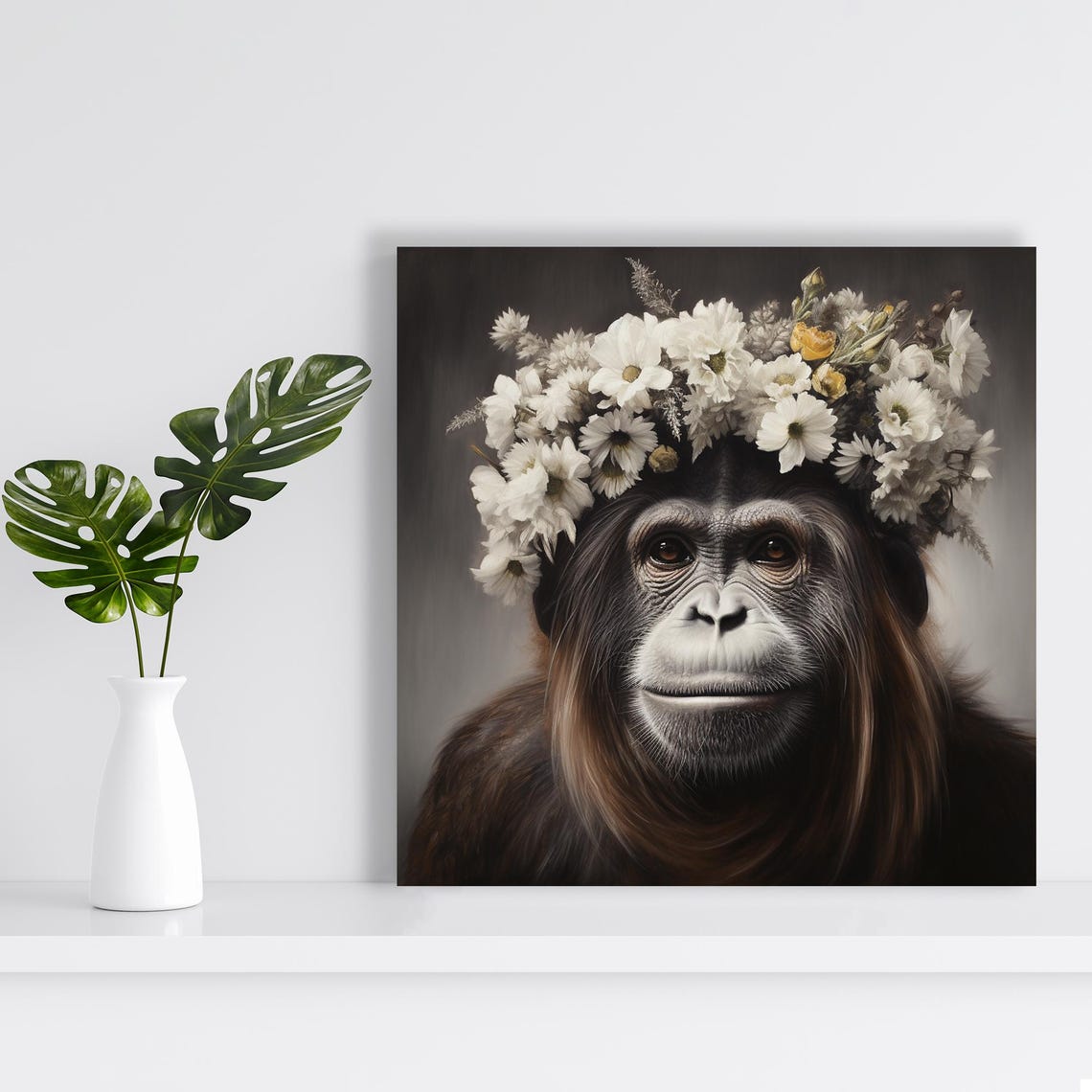 Chimpanzee Wearing White Daisy Floral Crown Dark Background Poster - Image 2