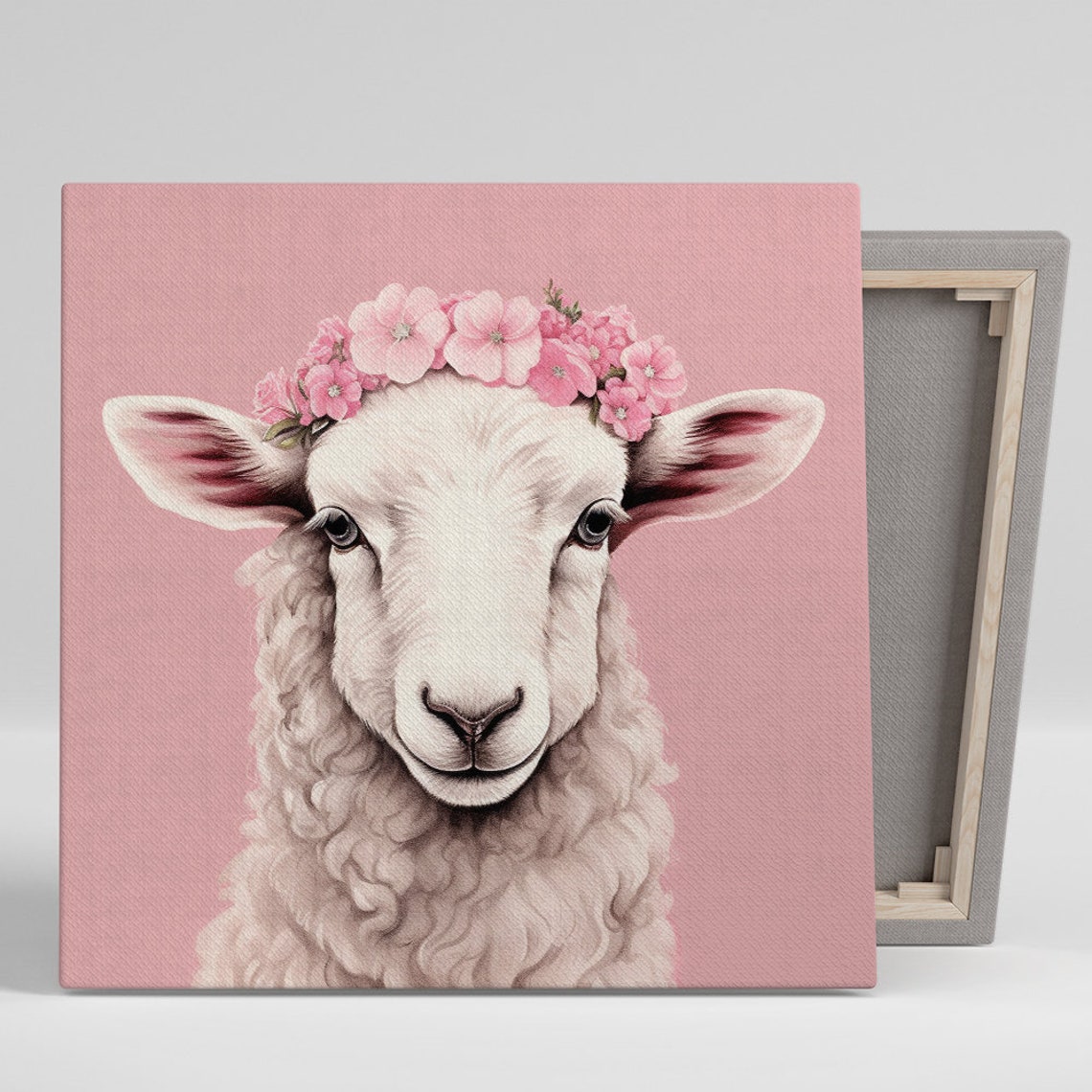 Sheep Pink Flower Crown Portrait Whimsical Rustic Farmhouse Poster