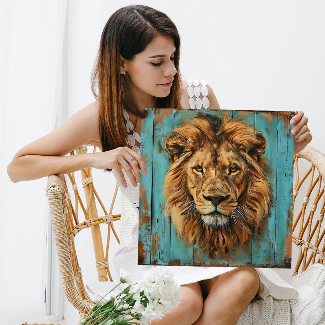 Majestic Lion Portrait, Rustic Bohemian Art Print - Image 3