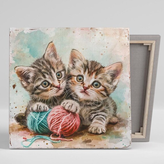 Two Tabby Kittens Playing Yarn Balls Sweet Watercolor Nursery Cat Poster