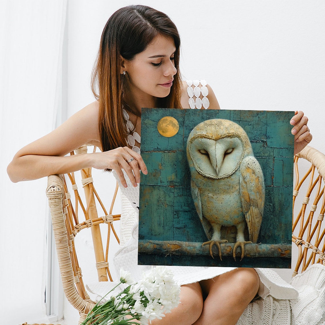 Sleeping Barn Owl Moonlit Branch Teal Textured Night Decor Poster - Image 3