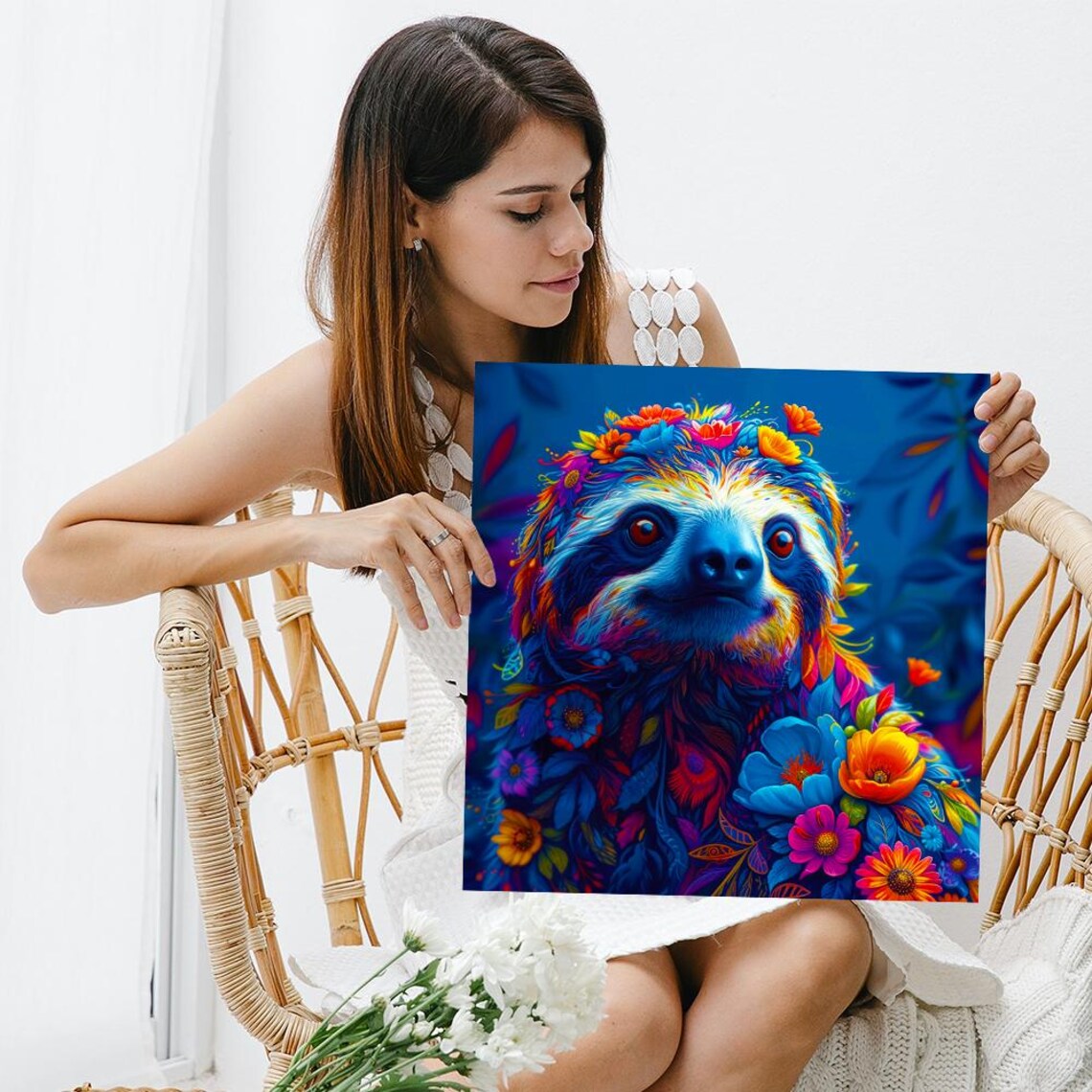 Neon Sloth Flower Crown Portrait Psychedelic Colors Vibrant Wall Art Poster Print - Image 3