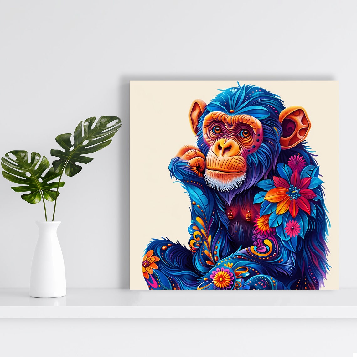 Colorful Chimpanzee Floral Pattern Blue Boho Animal Art Poster - Image 2
