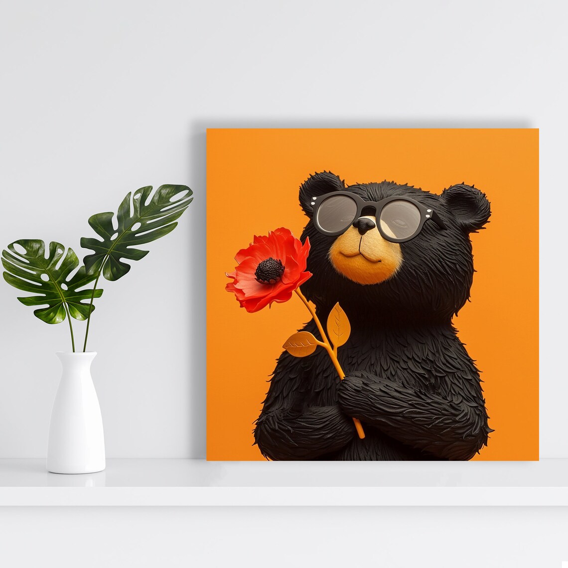 Cool Black Bear Sunglasses Holding Red Poppy Flower Orange Background Poster - Image 2