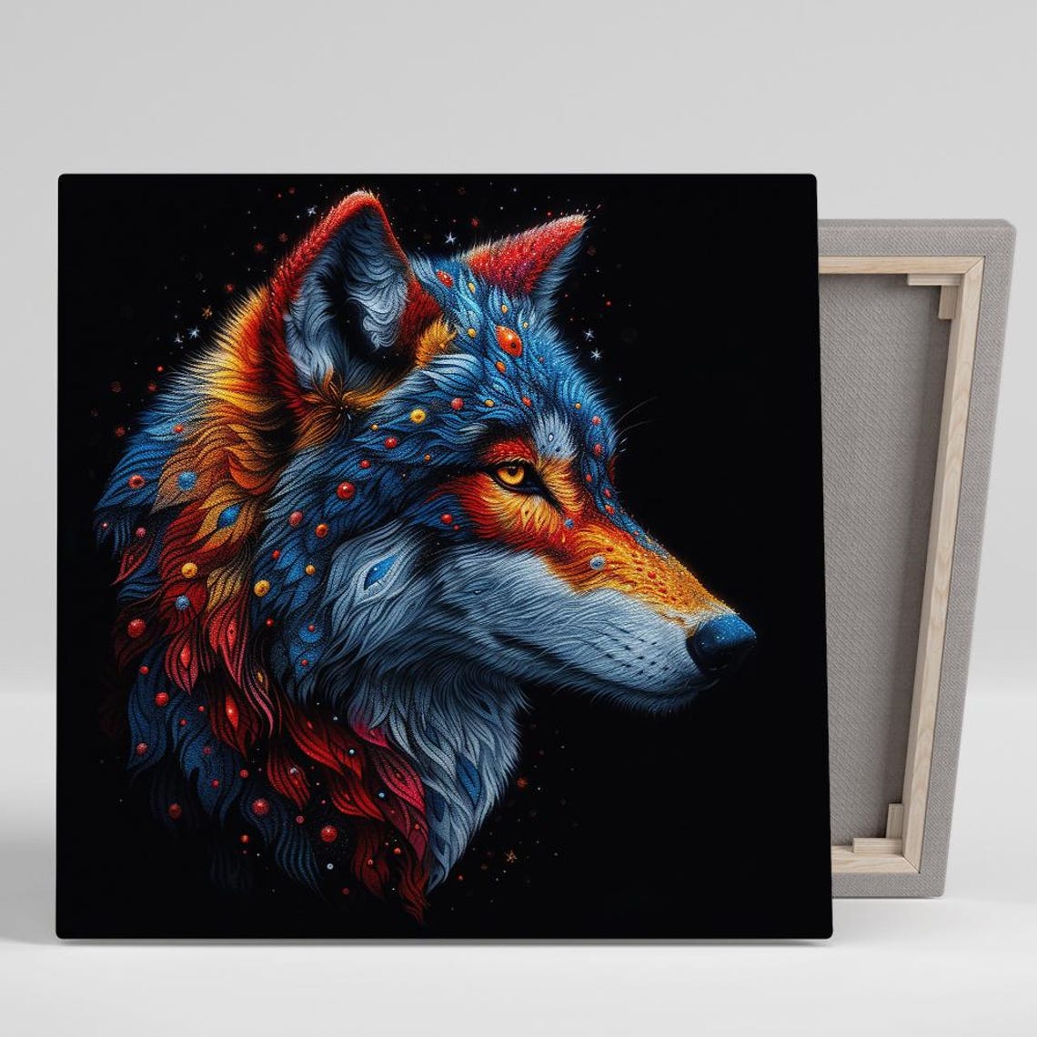 Cosmic Wolf Dreamscape Starry Red Blue Fur Night Sky Art Poster