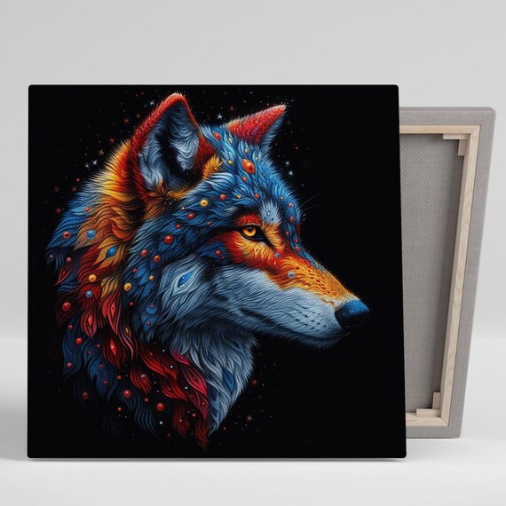 Cosmic Wolf Dreamscape Starry Red Blue Fur Night Sky Art Poster