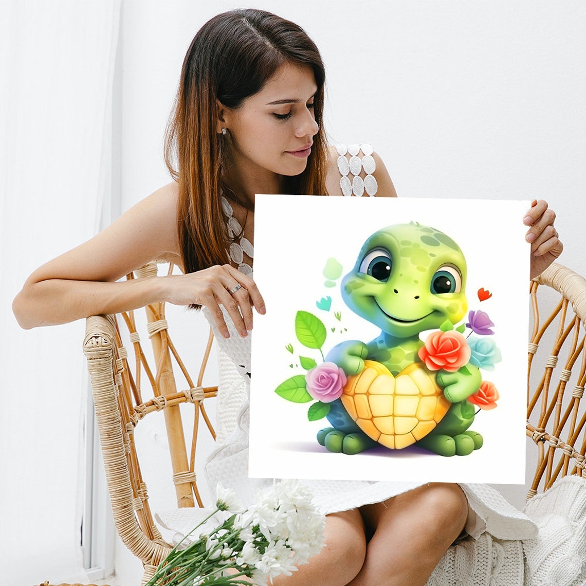 Baby Turtle Heart Shell Flowers Cute Nursery Whimsical Animal Wall Art - Image 3