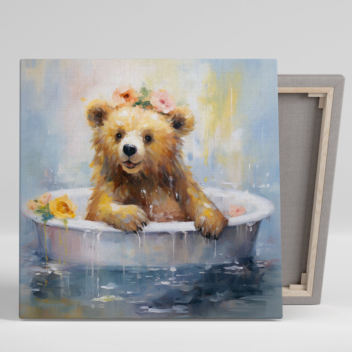 Blooming Bath Bear, Whimsical Rustic Wall Art Print