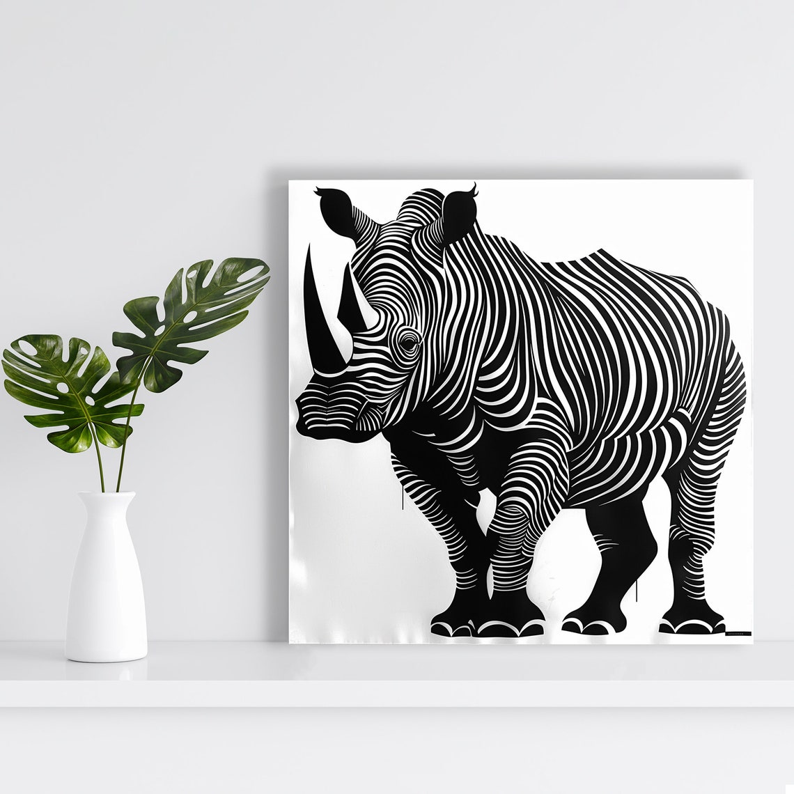 Rhino Black White Wavy Line Art Minimalist Modern Animal Poster - Image 2