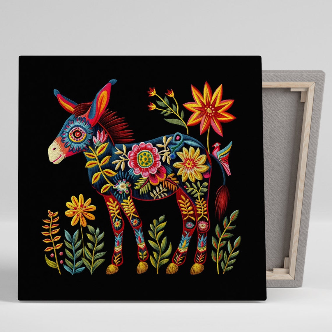 Folk Art Donkey Mexican Floral Embroidery Black Colorful Boho Poster