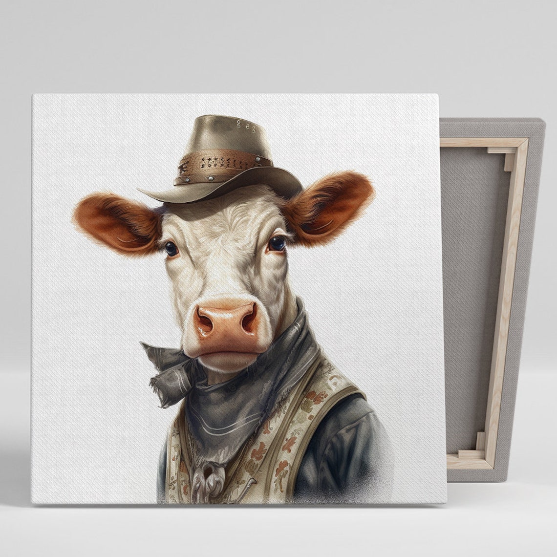Cowboy Cow In Hat Bandana And Vest Whimsical Western Art Poster