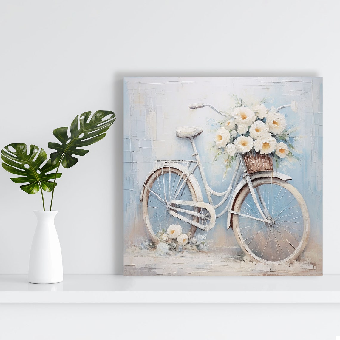 White Bicycle Basket Of Flowers Shabby Chic Vintage Floral Wall Poster - Image 3