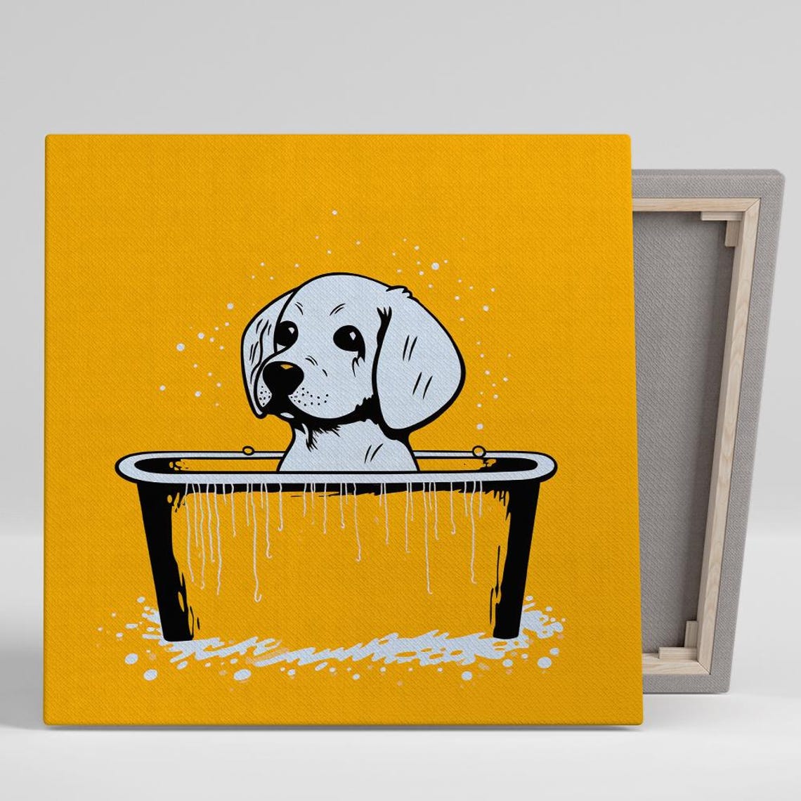 Cute White Puppy Dog Bathing In Black Tub Yellow Background Poster