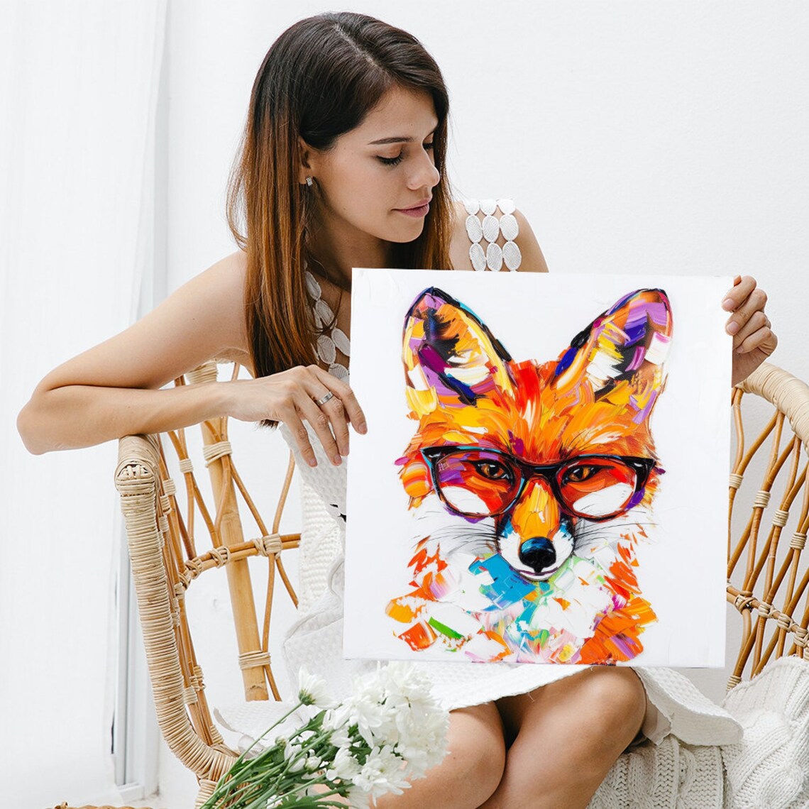 Clever Fox Wearing Black Glasses Colorful Abstract Oil Paint Style Portrait Poster - Image 3