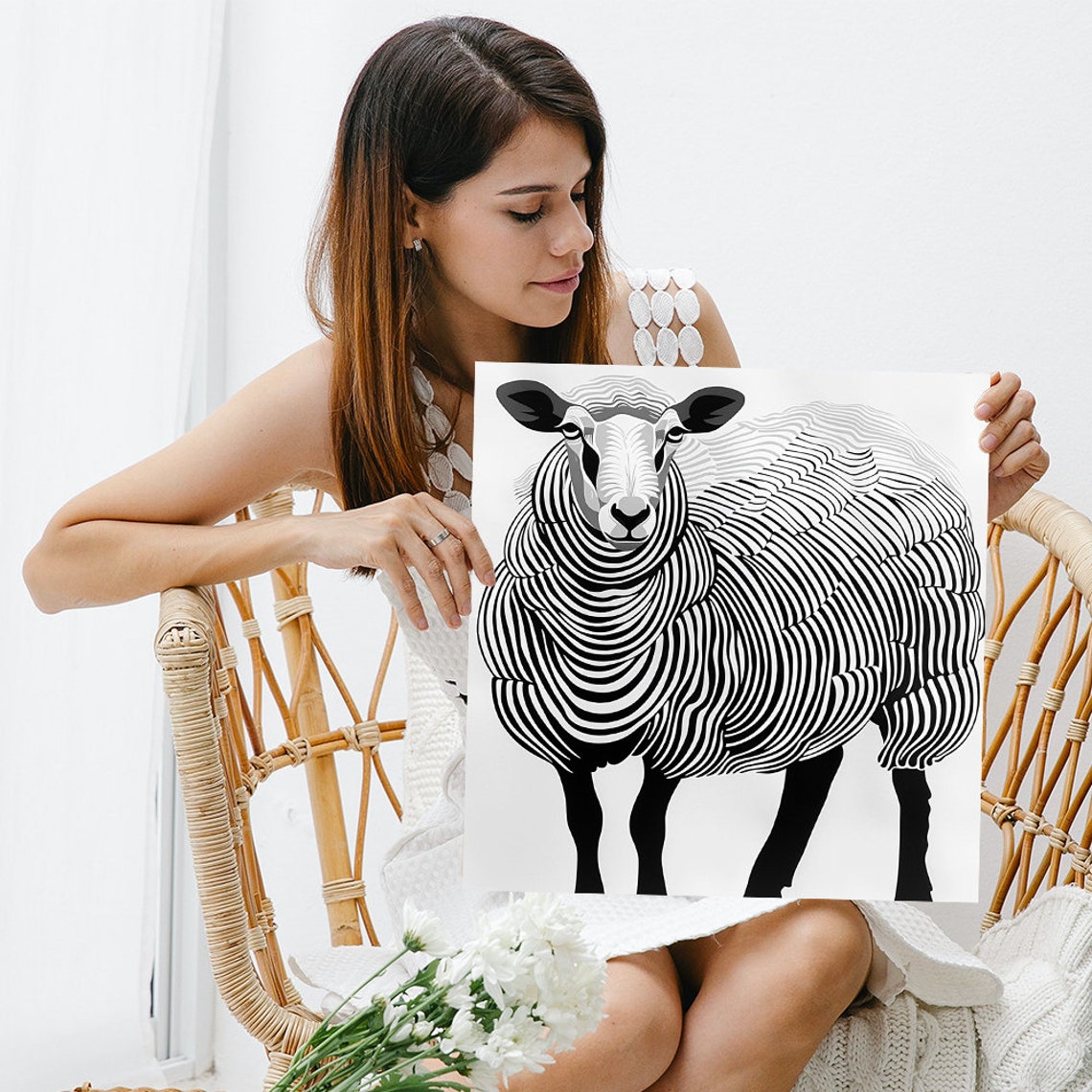 Sheep Optical Illusion Black White Stripes Modern Graphic Wall Poster - Image 3