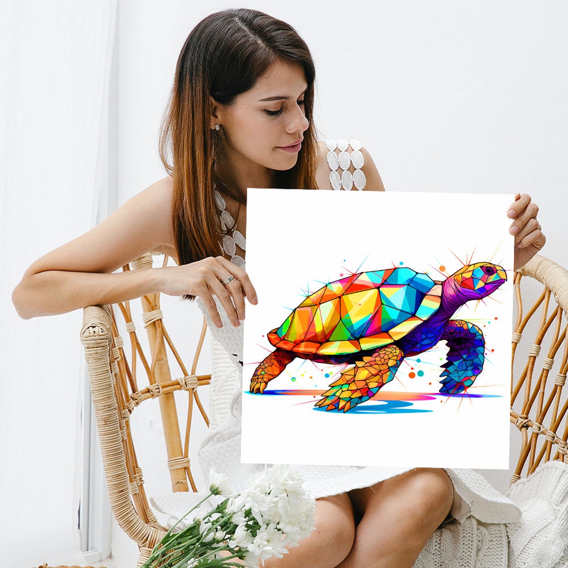 Rainbow Geometric Sea Turtle Low Poly Colorful Ocean Wall Art Poster - Image 3