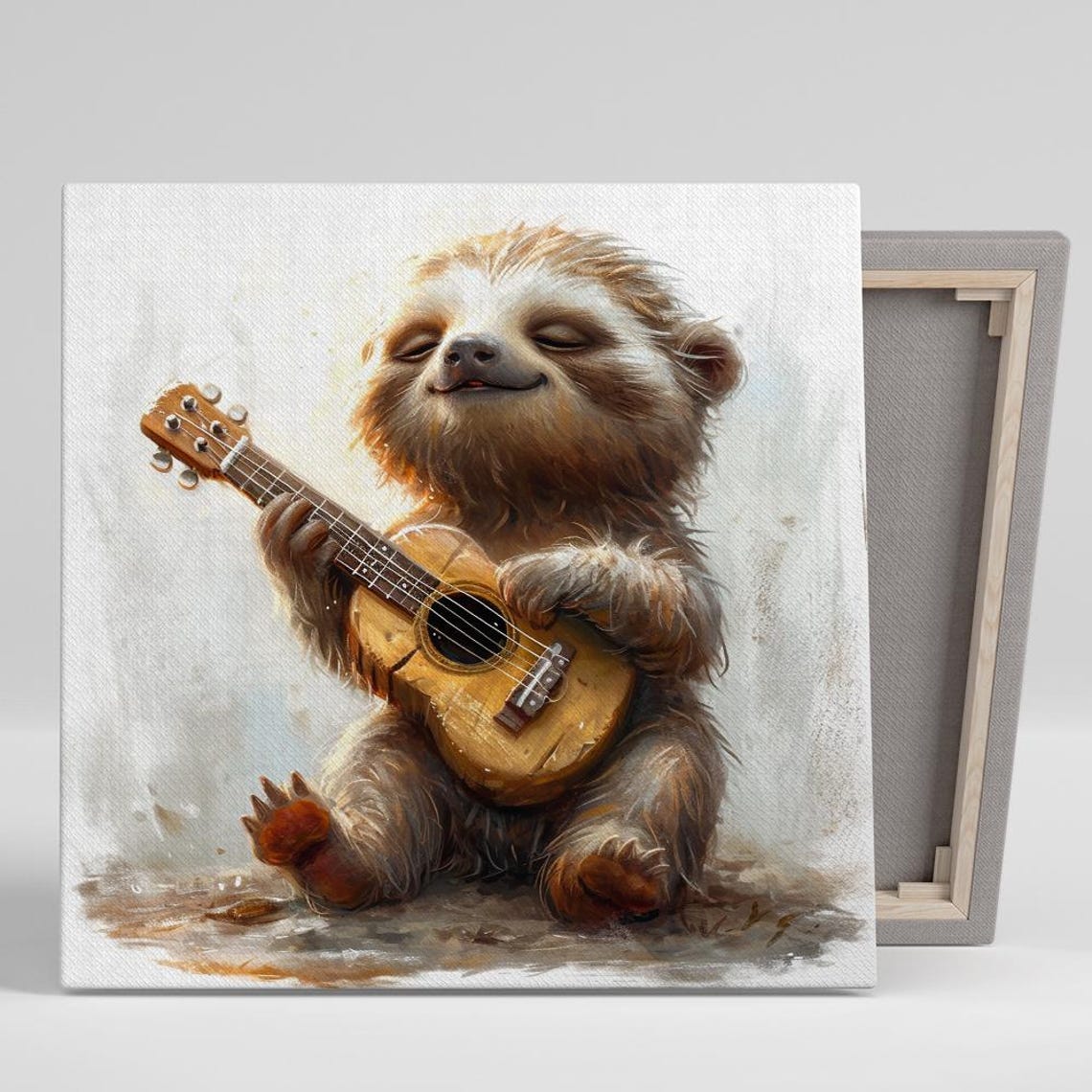 Sweet Baby Sloth Playing Guitar Watercolor Nursery Musical Art Poster